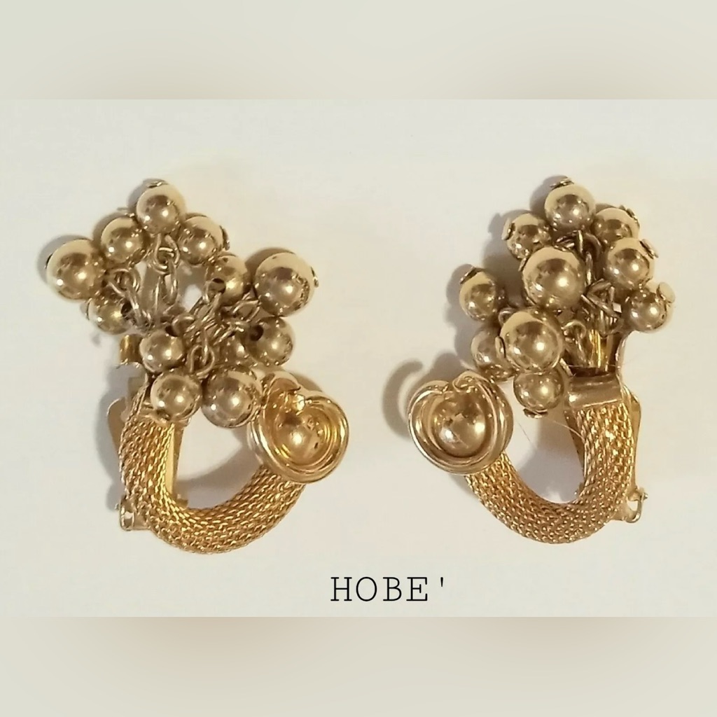 Hobe Gold-Tone Pearl Clip Mesh Earrings Signed